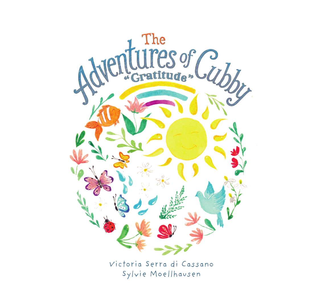 The Adventures of Cubby — Gratitude. Watercolor cover with a sun, butterflies, dove, fish and flowers in a circle.